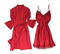 Traje de casa para mujer, 2 piezas, elegante, negligee para mujer, conjunto de pijamas de satén, elegante, cómodo, camiseta de dormir ligera, sexy, vestido de malla, encaje, cuello en V, bata kimono
