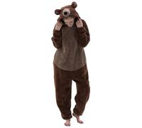 Traje de casa para mujer, de una pieza, elegante, de manga larga con cremallera, mono con capucha, de forro polar coral, con orejas de oso, pijama lindo, marrón, M
