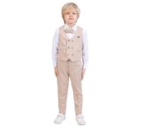Traje de chaleco para niños | Conjunto de 4 piezas de camisa, pantalones, chaleco y pajarita | Fiesta y ropa formal para niños de 1 a 13 años, Beige I, 8-9 años
