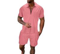 Traje de dos piezas con estampado de informal para hombre, traje de blusa superior de manga corta con cremallera, conjunto corto con bolsillo con cordón Sensación de Libertad al Vestir