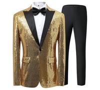 Traje de esmoquin de 2 piezas con lentejuelas brillantes para hombre, con un botón, pantalones ajustados, conjunto de chaqueta para graduación, boda, dorado, L
