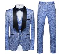 Traje de esmoquin de 3 piezas para hombre, ajustado, con chaqueta, chaleco, pantalones, traje formal para boda, graduación, fiesta, cena, azul, L