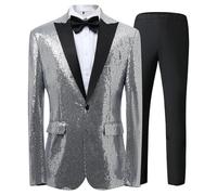 Traje de esmoquin de lentejuelas para hombre, 2 piezas, brillante, un botón, blazer y pantalones para baile de graduación, plata, L