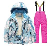 Traje de esquí para niños y niñas, con forro polar, acolchado, cálido, 2 piezas, con cremallera, chaqueta de esquí de camuflaje, pantalones térmicos resistentes al viento, 2-rosa intenso, 11-12 años