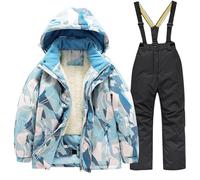 Traje de esquí para niños y niñas, con forro polar, acolchado, cálido, 2 piezas, con cremallera, con capucha, chaqueta de esquí de camuflaje, pantalones térmicos resistentes al viento, 2-Negro, 11-12