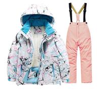 Traje de esquí para niños y niñas, con forro polar, acolchado, cálido, 2 piezas, con cremallera, con capucha, chaqueta de esquí de camuflaje, pantalones térmicos resistentes al viento, 1-Rosa, 11-12