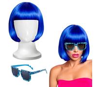 Traje de Fiesta con Peluca Azul Bob | Peluca Cobalto de 50x40x40 cm, 2 Gorras para Peluca y Gafas Divertidas para Mujeres