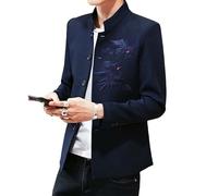 Traje de hombre con bordado de grúa de corona roja estilo chino para hombre con cuello mandarín, azul marino, S