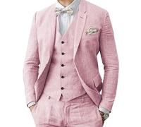 Traje de hombre de lino de 3 piezas formal para negocios, chaqueta de solapa esmoquin para boda, para padrinos de boda, para fiestas, rosa, 50