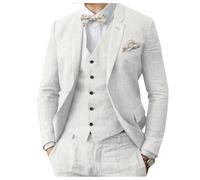 Traje de hombre de lino de 3 piezas formal para negocios, chaqueta de solapa esmoquin para hombres, traje para boda, para padrinos de boda, para fiestas, blanco, 60