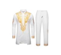 Traje de hombre medio oriente grande tamaño conjunto cuello alto patrón bordado antiguo tótem tribal traje ceremonia nupcial profesional conjunto estilo étnico traje tradicional, blanco, S