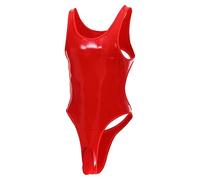 Traje de látex de Charol Traje de lencería Sexy para Hombre Gay Wet Look Clubwear Bulge Pouch Body sin Mangas Ropa Interior-Rojo B, XL