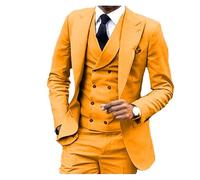Traje de Lino 3 Piezas, Blazer, Chaleco y pantalón, Esmoquin Ajustado for Padrinos Boda, Elegante Vestido Fiesta, Estilo Retro, con Escote en V(Orange,XL)
