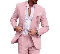 Traje de lino ajustado de 2 piezas para hombre, traje de esmoquin de un solo botonadura, boda, cena, fiesta, graduación, traje de chaqueta y pantalones, rosa, L