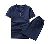 Traje de lino corto de verano para hombre, traje de verano con camisetas y pantalones de lino, traje de playa ligero y transpirable, traje de salón ajustado, traje de salón de color sólido, fino