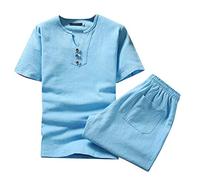 Traje de lino corto de verano para hombre, traje de verano con camisetas y pantalones de lino, traje de playa ligero y transpirable, traje de salón ajustado, traje de salón de color sólido, fino
