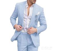 Traje de Lino de 2 Piezas para Hombre, Corte Ajustado, para Novio, Traje Negocios, Boda, Chaqueta y pantalón, Azul, Talla M