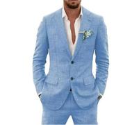 Traje de lino de 2 piezas para hombre, traje ajustado para verano, boda, novio, graduación, chaqueta de esmoquin y pantalones, azul, 5XL