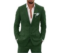 Traje de lino de 2 piezas para hombre, traje ajustado para verano, boda, novio, graduación, chaqueta de esmoquin y pantalones, verde oscuro, L
