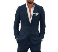 Traje de lino de 2 piezas para hombre, traje ajustado para verano, boda, novio, graduación, chaqueta de esmoquin y pantalones, azul marino, L