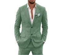 Traje de lino de 2 piezas para hombre, traje ajustado para verano, boda, novio, graduación, chaqueta de esmoquin y pantalones, verde, L