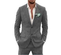 Traje de lino de 2 piezas para hombre, traje ajustado para verano, boda, novio, graduación, chaqueta de esmoquin y pantalones, gris oscuro, L