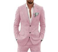 Traje de lino de 2 piezas para hombre, traje ajustado para verano, boda, novio, graduación, chaqueta de esmoquin y pantalones, rosa, M