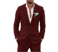 Traje de lino de 2 piezas para hombre, traje ajustado para verano, boda, novio, graduación, chaqueta de esmoquin y pantalones, granate, L