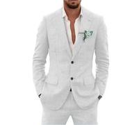 Traje de lino de 2 piezas para hombre, traje ajustado para verano, boda, novio, graduación, chaqueta de esmoquin y pantalones, blanco, L