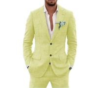 Traje de lino de 2 piezas para hombre, traje ajustado para verano, boda, novio, graduación, chaqueta de esmoquin y pantalones, amarillo, L