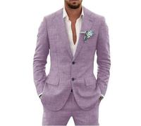 Traje de lino de 2 piezas para hombre, traje ajustado para verano, boda, novio, graduación, chaqueta de esmoquin y pantalones, morado, L
