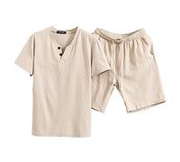 Traje de lino de dos piezas para hombre, traje de verano para el tiempo libre, traje de verano con camiseta y bermudas, traje de salón, ligero, transpirable, conjunto de verano, monocolor, traje de
