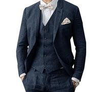 Traje de lino para hombre, 3 piezas, formal, de negocios, blazer, pantalón, solapas, boda, padrinos de boda, ropa de fiesta, azul marino, 102