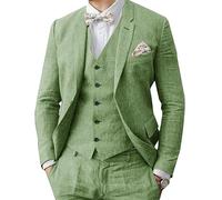 Traje de lino para hombre, 3 piezas, formal, de negocios, blazer, pantalón, solapas, boda, padrinos de boda, ropa de fiesta, Verde Salvia, 102
