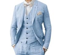 Traje de lino para hombre, 3 piezas, formal, de negocios, blazer, pantalón, solapas, boda, padrinos de boda, ropa de fiesta, azul claro, 27