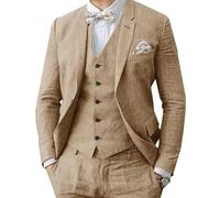 Traje de lino para hombre, 3 piezas, formal, de negocios, con solapas, para bodas, padrinos de boda, fiesta, caqui, 46
