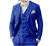 Traje de lino para hombre de 3 piezas, formal, de negocios, blazer y pantalón para hombre con solapas de muesca, para bodas, padrinos de boda, ropa de fiesta, azul real, 48