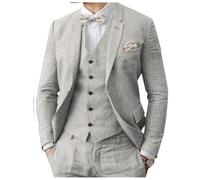 Traje de lino para hombre de 3 piezas, formal, de negocios, blazer y pantalón para hombre con solapas de muesca, para bodas, padrinos de boda, ropa de fiesta, plata, 54