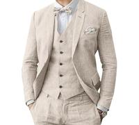Traje de lino para hombre de 3 piezas, traje formal de negocios para hombre, blazer y pantalón con solapas de muesca, para bodas, padrinos de boda, ropa de fiesta, beige, 48