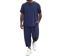 Traje de lino para hombre, verano, ligero, algodón y lino, dos piezas, monocolor, traje de ocio, manga corta, camiseta y pantalón de verano, traje de playa, azul marino, 3XL