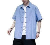 Traje de lino y algodón para hombre, estilo chino, retro, tradicional, con tiras, camisas y blusas, azul claro, XL