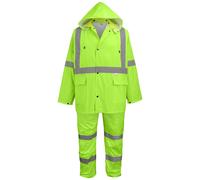 Traje de lluvia de alta visibilidad unisex Global Glove FrogWear GLO-8000. Traje ligero de tres piezas con petos impermeables y capucha desmontab