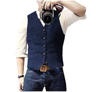 Traje de los hombres Tweed Chaleco Espiga Formal Vestido Chaleco Lana Slim Fit Vintage, Azul marino/flor y brillo, Small