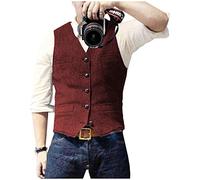 Traje de los hombres Tweed Chaleco Espiga Formal Vestido Chaleco Lana Slim Fit Vintage, Burgundy, Small