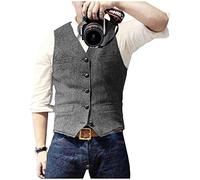 Traje de los hombres Tweed Chaleco Espiga Formal Vestido Chaleco Lana Slim Fit Vintage, gris, Large