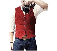 Traje de los hombres Tweed Chaleco Espiga Formal Vestido Chaleco Lana Slim Fit Vintage, Rojo, Small