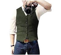 Traje de los hombres Tweed Chaleco Espiga Formal Vestido Chaleco Lana Slim Fit Vintage, Verde ejército, Small