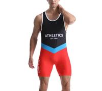 Traje de lucha para hombres, ropa deportiva ajustada, de una pieza, sin mangas, entrenamiento, gimnasio, levantamiento de pesas, Azul marino rojo, M