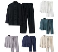 Traje De Manga Larga Para Hombre AlgodóN Y Lino Color SóLido Con Bolsillos Y Botones Traje Tang Chino Top Y Pantalones De Tai Chi Retro De Estilo Chino Para Hombre Suelto Y A La Moda