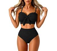 Traje de Mujer de Dos Piezas Curvy Modelador con Nudo en el Seno Bikini de Mujer para el Mar en Tejido Texturizado V Push Up Bañadores de Cintura Alta para Playa y Piscina